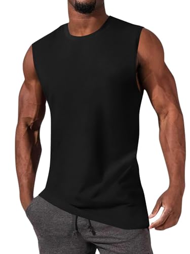 iudam Mens Workout Sleeveless Shirts Cotton Casual Tank Tops Muscle Gym Cut Off T-Shirts (Black,L)