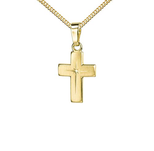 JEVELION Anhänger-Kreuz mit Panzer-Kette vergoldet Goldkreuz für Damen, Herren und Kinder mattiertes Kreuz mit strahlenförmiger Kreuz-Gravur als Kettenanhänger 333 Gold 8 Karat + Schmuck-Etui