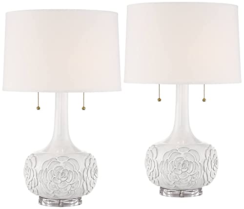 Possini Euro Design Natalia 27" Tall Modern Luxe Country Cottage Table Lamps Set of 2 Pull Chain White Floral Ceramic Living Room Bedroom Bedside Nightstand House Office Home Reading Kitchen - Image 3