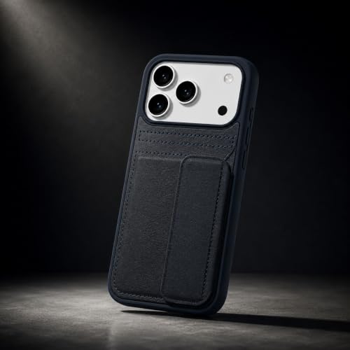Image of amazon basics Luxury Vegan Leather Back Cover for iPhone 17 Pro Max | Built-in Card Holder Slot | Integrated Mobile Stand | Slim Shockproof Protective Case with Stitched Finish - Blue