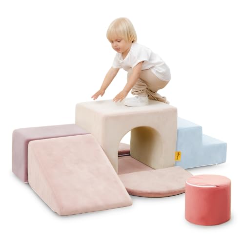 BanaSuper Kids Soft Play Set Baby Foam Climbing Blocks Climb and Crawl Foam Blocks Toddler Indoor Soft Playground for Sensory Motor Skills Montessori Activity Toys EN71 Certified Baby Blue Pink