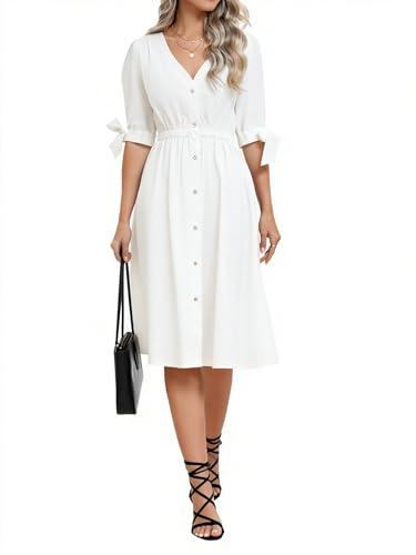 Image of Women Linen Rayon Blend Midi V Neck Button Front Elastic Waist Puff Sleeve Tie Casual Summer Dress