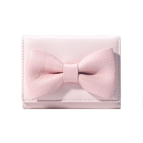 Women Girls Wallet Cute Bowknot Wallet Small Tri-Fold PU Leather Wallets Aesthetic Women Purse Short Trifold Wallets Cash Card Holder Bag (2-Pink)