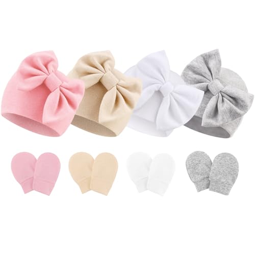 Image of BQUBO Newborn Baby Hats Mittens Set Hospital Hat Beanie Infant Bow Hats Baby Gloves No Scratch Mittens for 0-6 Months