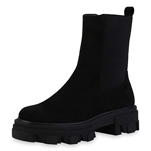 VAN HILL Damen Stiefeletten Freizeit Plateau Vorne Boots Blockabsatz Stiefel Profilsohle Absatzschuhe Herbst Schuhe 197454 Schwarz 38
