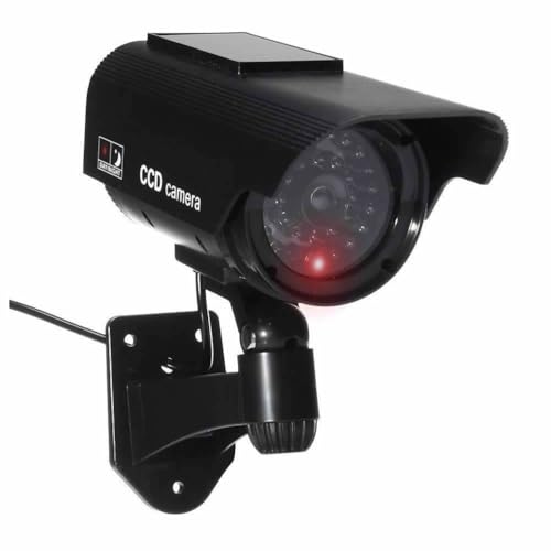 JUSTOP Cámara CCTV falsa para exteriores e interiores, impermeable, con luz LED de realidad, solar o funciona con pilas, cámara CCTV falsa, color negro