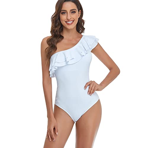 Bañador de una pieza para mujer con un hombro, traje de baño para mujer, traje de baño para la playa, monokinis para el vientre de una pieza., Blanco, L Cover