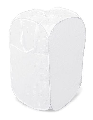 Internet's Best Square Pop Up Laundry Hamper - Collapsible Laundry Bag with Mesh Drawstring Lid - Carry Handles - Dirty Laundry Sorter Basket - White