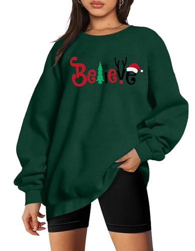 Christmas Sweatshirts for Women Oversized Believe Christmas Shirts Funny Santa Hat Graphic Holiday Pullover Tops — view 2