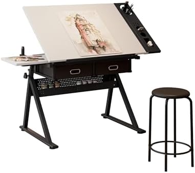 Adjustable Drafting Table Desk with 2 Storage Drawers & Stool - Ideal for Home Office, School, Art & Design Projects - Modern White Finish