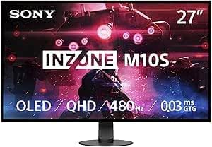 Sony INZONE M10S - 27" OLED QHD Gaming Screen: 1440p, 480Hz, 0.03ms GTG, DCI-P3 98.5%, G-Sync, Adaptive Sync, VRR, co-developed with Fnatic, 1300 nits, DisplayPort 2.1-2 x HDMI 2.1- PC, PS5