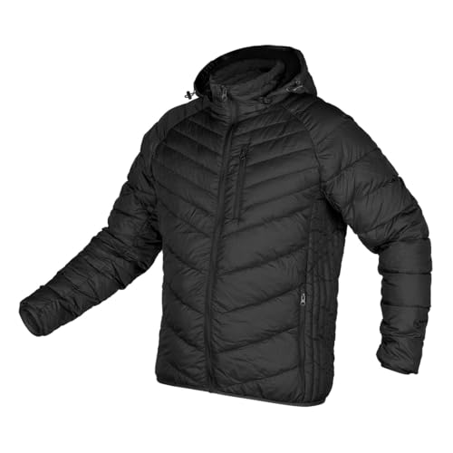 NEO TOOLS Mix&Match Veste matelassée à capuche - Légère et chaude, coupe-vent, poches zippées, capuche réglable, étiquette nominative, veste de travail et veste de loisirs, Noir , S