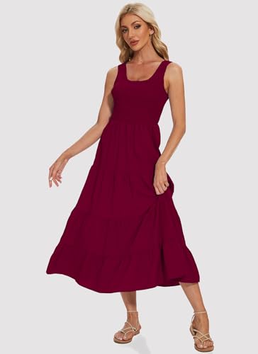 Image of Women's Summer Smocked Maxi Dresses Sleeveless U Neck Ruffle Hem Tiered A Line Flowy Dress