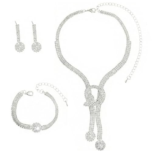 Touosy 3 Piezas Bisuteria Mujer Ajustable Joyas con Conjunto Bisuteria de Collar Pendientes Pulsera Diamantes de Imitación Jewelry Joyería Regalo para Madre Amiga San Valentin (Plata)