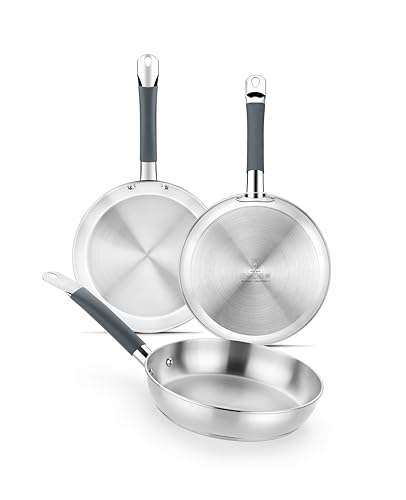 BRA Master Set de sartenes 20-24-28 cm, acero inoxidable, Sin Antiadherente, Sin PFOA, Full Induction, Apta para todo tipo de Cocinas, Mango acero inoxidable recubierto de Silicona