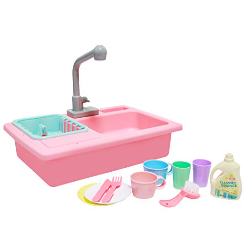 deAO Kinderspielset Pretend Kitchen Sink mit simuliertem Wasserhahn und enthaltenem Küchenzubehör - Rot - 5