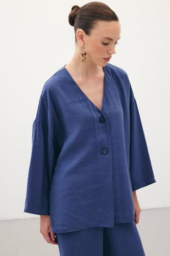 Sateen Düğmeli İndigo Kimono, 38, STN139KCE1847, İndigo, kadın