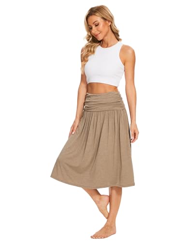 GYS Bamboo Viscose Skirts for Women Knee Length Flowy Ruched High Waist Knit A-Line Casual Summer Skirt with Pockets2