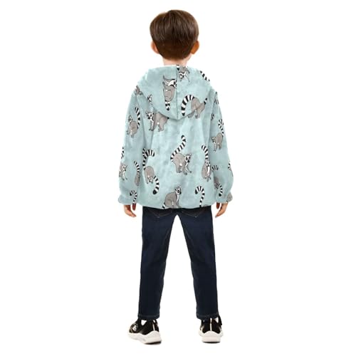Lemur Pattern on Light Blue Toddler Fleece Jacket Girl Boys Hooded Fleece Jacket Coat Warm Outwear Zip-up 3-10T4