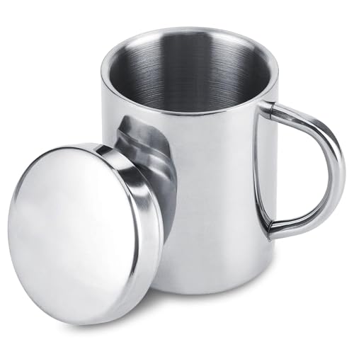 Tazas de café de acero inoxidable, taza de café de doble pared con tapa y asa Tazas de viaje para acampar para bebidas calientes, té, café