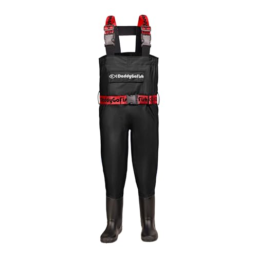 DaddyGoFish Chest Wader for Kids and Adults, Fishing and Hunting Waders with a Pocket and a Wader Hanger, Black - Age 3-4