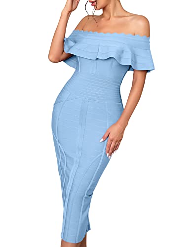 Image of Off Shoulder Bandage Dresses for Women Wedding Guest Party Midi Formal Gowns Evening Dress