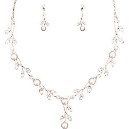 SFE Luxury Cubic Zirconia Aurtrian Crystal Pearl Floral Necklace Dangle Earrings Wedding Bridal Jewelry Set Birthday Gifts for Her, Style1-Clear-Rose Gold Plated by Enrwin - Used condition - US$21.15