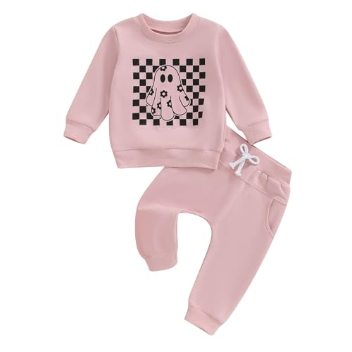 Halloween Baby Clothes Pumpkin Face Patch Long Sleeve Pullover Sweatshirts Jogger Pants 2Pcs Fall Sweatsuits Outfit (Pink, 6-12 Months)