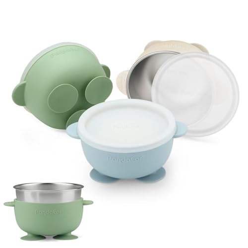 PandaEar 3er Edelstahl Baby Schüsseln mit Saugnapf und Deckel– Breischale für Babybrei & Porridge, Rutschfeste Babyschüsseln mit Silikonhülle, Unzerbrechlich BPA-frei, Kinderschüssel ab 6 Monaten