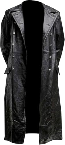 Classic Officer Coat Mens Military Uniform Black Leather Trench Long Coat2