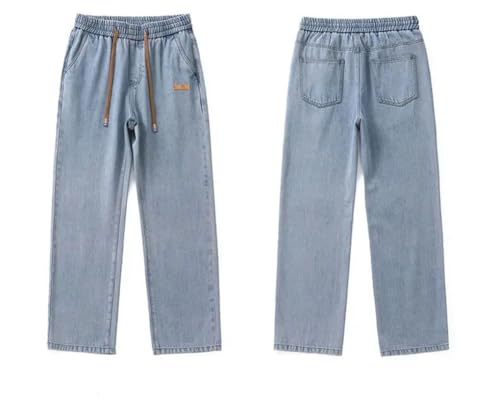 Men's Straight Leg Loose Elastic Waist Drawstring Casual Denim Pants Simple Solid Color Denim2