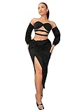 SOLY HUX Women's Sexy 2 Piece Outfits Off Shoulder Twist Front Crop Top and Split Hem Skirt Set Plain Black M