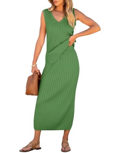 Image of Women's 2 Piece Outfits Summer Sweater Skirt Sets Casual Sleeveless V Neck Ribbed Vest Knit Tops Midi Dress