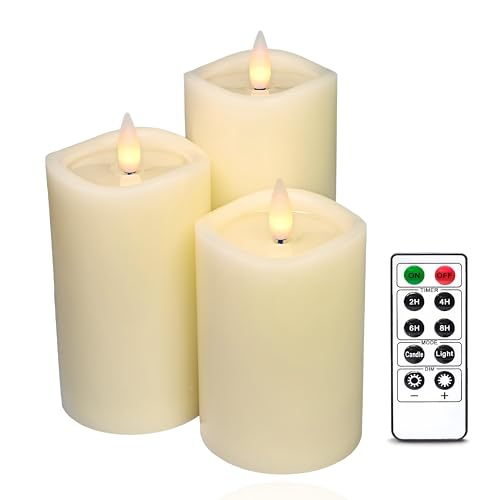 Image of Flameless Pillar Candles Flickering with Remote Timer, Battery Operated LED Candles Up to 400 Hours, 3D Moving Flame Real Wax Candles. (Ivory with Wax Pool)