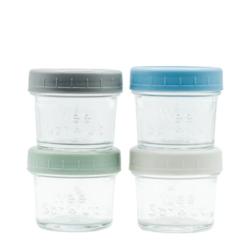Image of WeeSprout Glass Baby Food Storage Jars w/Lids (4 oz, 4 Pack Set) Snack, Puree, Reusable Small Containers, Breast Milk, Fridge or Freezer, Microwave & Dishwasher Safe, Essential Must Have for Infants