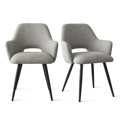 Image of Finch Fox Motel Luxurious Home Collection Upholstery Fabric Arm Dining Room Chairs in Light Grey Color with Black Metal Powder Coated Legs (Set of 2)