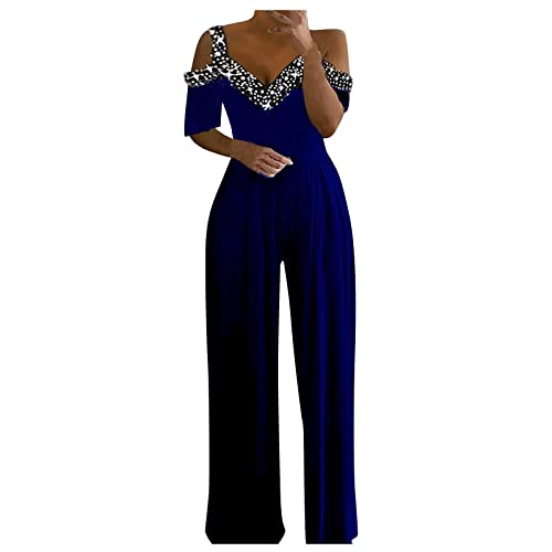 Jumpsuit Damen Lang V-Ausschnitt Einfarbiges Schulterfrei Jumpsuit Kurzarm...