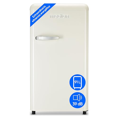 MEDION Frigorífico retro (91 litros, altura 91cm (pies regulables en altura), estantes de cristal regulables en altura, cajón transparente para verduras, independiente, bisagra de puerta a la derecha