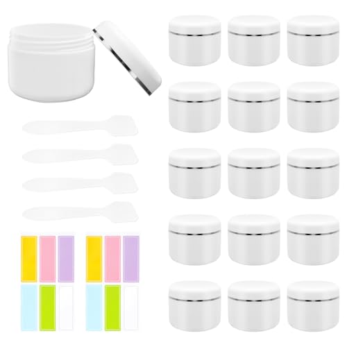 15 botes pequeños vacíos de crema, 50 g, frascos de crema con tapón de rosca para rellenar, botes de cosméticos para cosméticos, loción de viaje, crema cosmética, con 4 espátulas, 1 etiquetas