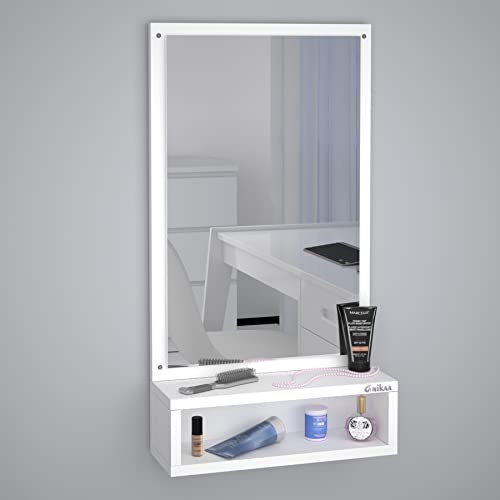 Image of Anikaa Jinny Decorative Wall Hanging Mirrors with Shelf for Dressing Table Bedroom Living Room (White) Matte Finish, Unframed, Engineered Wood, Rectangular