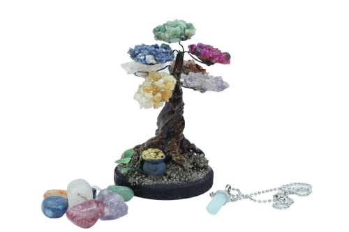 Adriane´s Selection Quartz Bonsai Money Tree- Seven Chakra Stone and Feng Shui,Base with Treasure Pot and Pyrite The Abundance Stone/Necklace Pendulum (Small Quartz Round Base, Black Base)