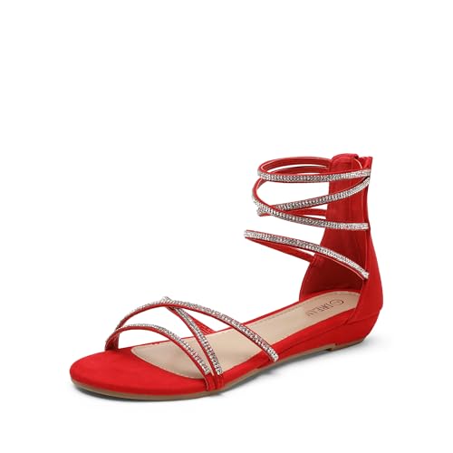 DREAM PAIRS Women's Ankle Strap Flat Sandals Summer Dressy Strappy Gladiator Rhinestones Sandals 5.5 Red