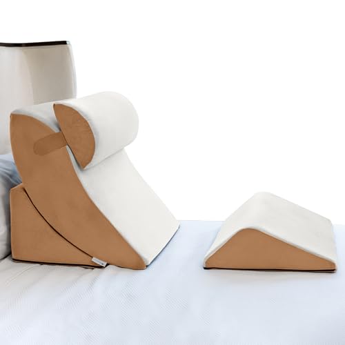 Image of Avana Kind Bed Orthopedic Support Wedge Pillow Comfort System – for Post-Surgery, Heartburn, Snoring, Acid Reflux & GERD, 4-Piece-Set, Cloud/Camel