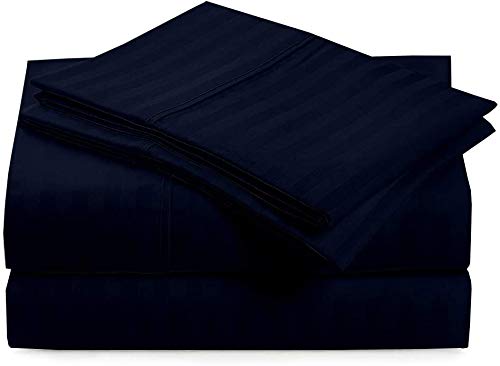 400 Thread Count Cotton Bed Sheets Set 4 PCs, 100% Egyptian Cotton, Soft Sateen Bed Sheets Set, 35 CM Deep Pocket of Fitted Sheet, Navy Blue Stripe, Double — image 1