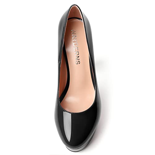 WAYDERNS Womens Round Toe Slip On Casual Platform Wedding Patent Block High Heel Pumps Shoes 5 Inch3