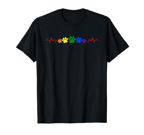 Heartbeat Rainbow Paw Prints Gay Pride LGBT Love T-Shirt