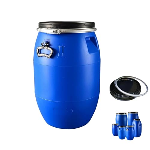 Shipping Barrels 30L Food Grade Plastic Drum with Lid Airtight Storage Barrel with Metal Lock Ring Plastic Barrels Air Tight for Water and Food Storage Home Brewing Emergency Industrial Use(30L)