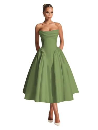 Tea Length Prom Dresses Satin Ball Gown Strapless Ruched Formal Evening Dress for Women