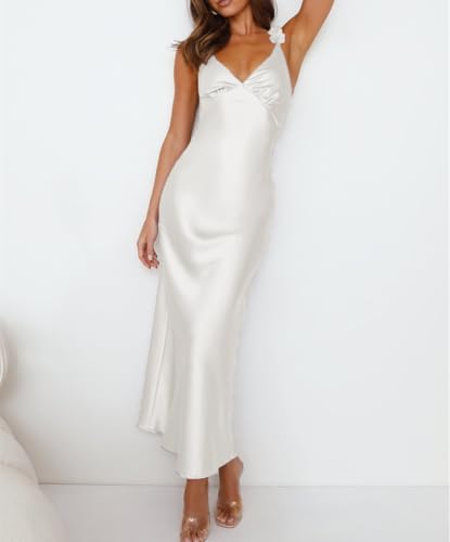 Image of Phicia Summer Satin Spaghetti Strap V Neck Midi Dresses for Women Wedding Guest Elegant Flower Backless Cocktail Formal Dress