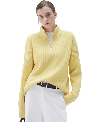 Image of SUUKSESS Women Cashmere Blend Oversized Quarter Zip Pullover Sweater Long Sleeve Collared Ribbed Knit Jumper Tops
